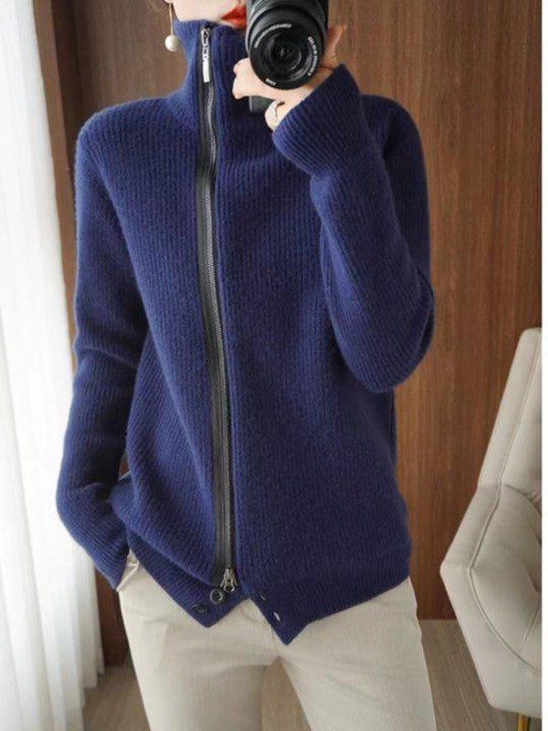 Blue Plain Long Sleeve Sweater