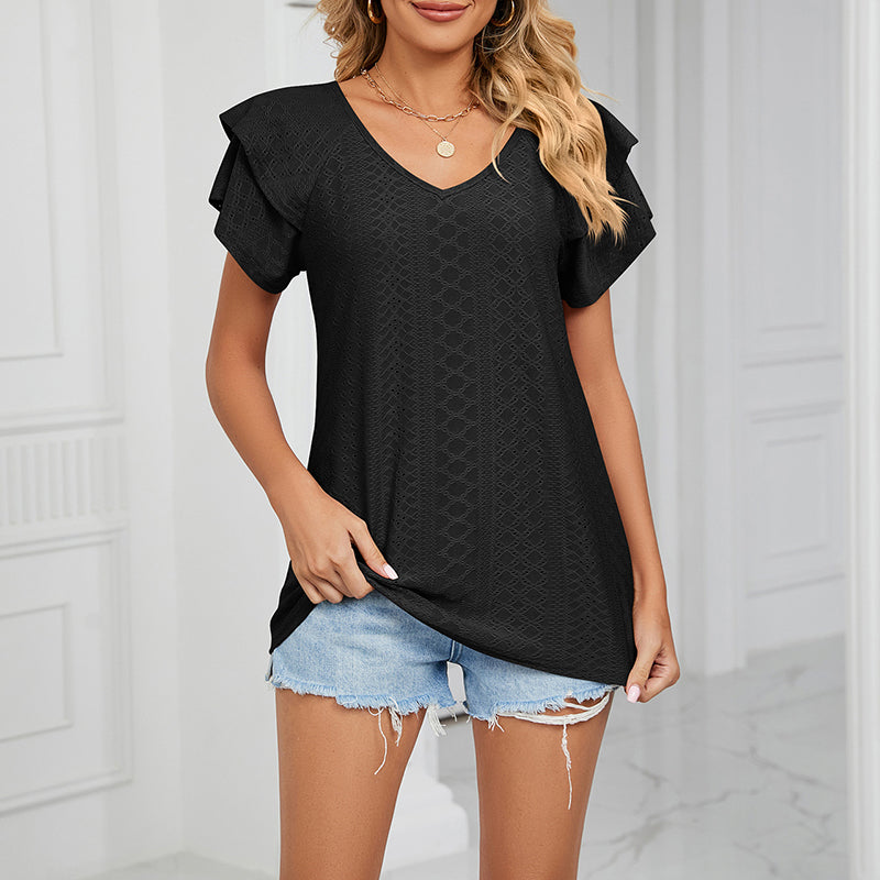 Solid Color Double-sleeved V-neck Loose T-shirt (Buy 3 Free Shipping)