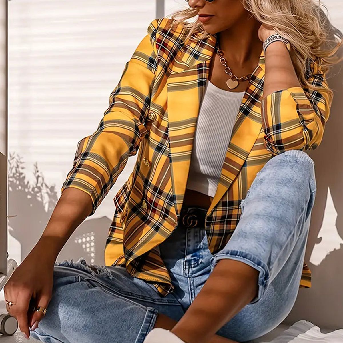 Bright Yellow Plaid Print Lapel Blazer