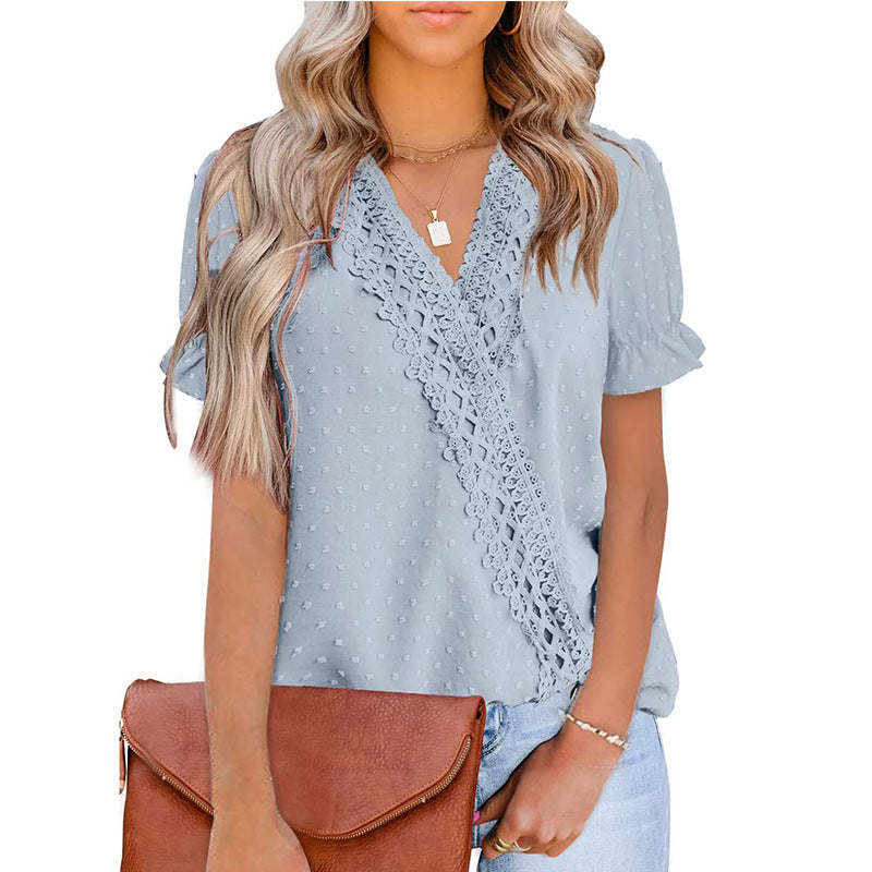 Chiffon Ball Lace V-Neck Short Sleeve Shirt