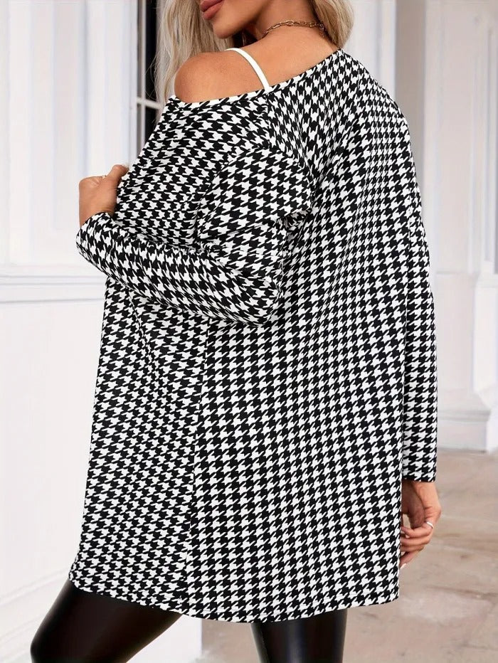 Classy Long Sleeve Houndstooth Outerwear