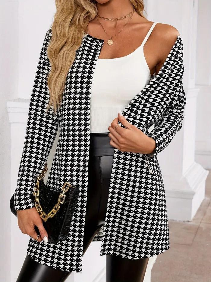 Classy Long Sleeve Houndstooth Outerwear