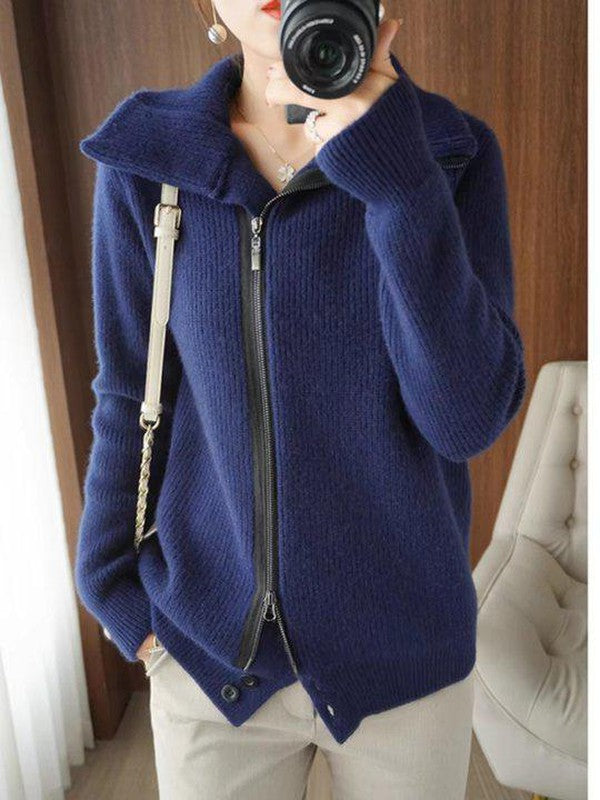 Blue Plain Long Sleeve Sweater