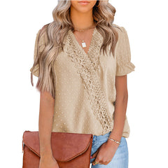 Chiffon Ball Lace V-Neck Short Sleeve Shirt