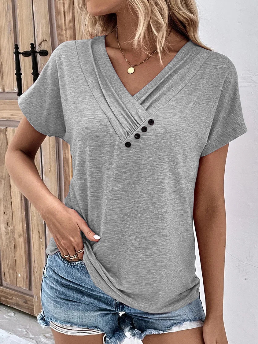 Button Detail V Neck Tee (Buy 3 Free Shipping)