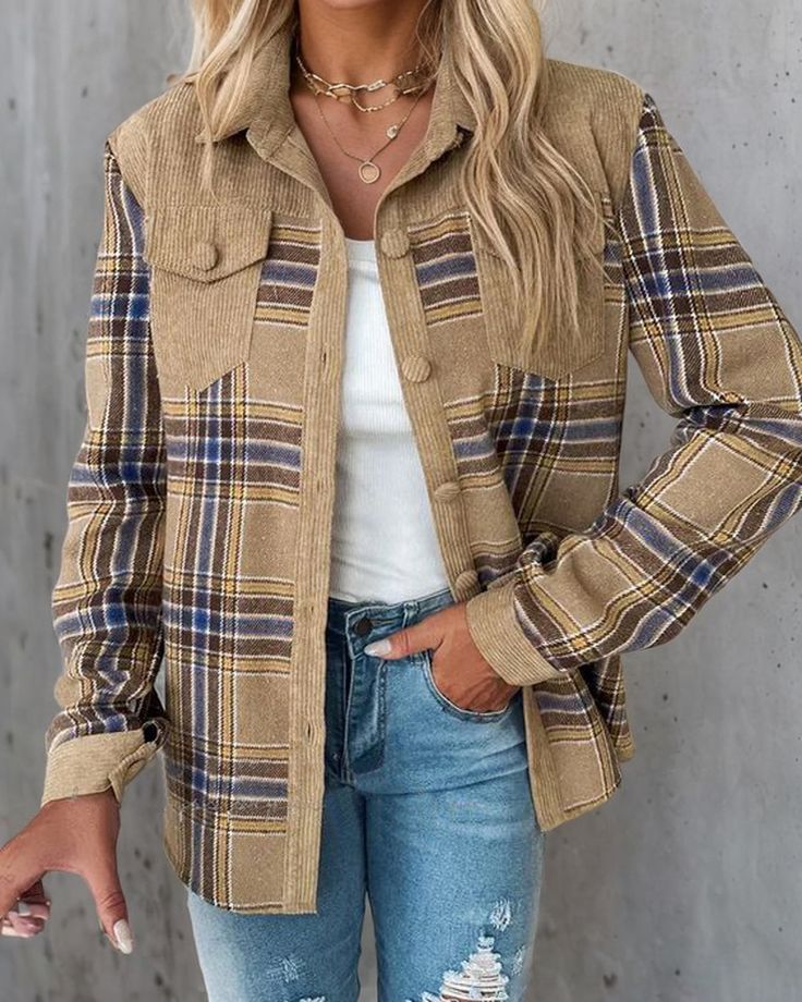 Khaki Plaid Print Collared Outerwear