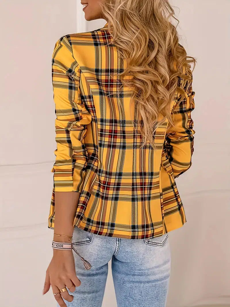 Bright Yellow Plaid Print Lapel Blazer