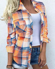 Blue Orange Plaid Button Front Blouse Top