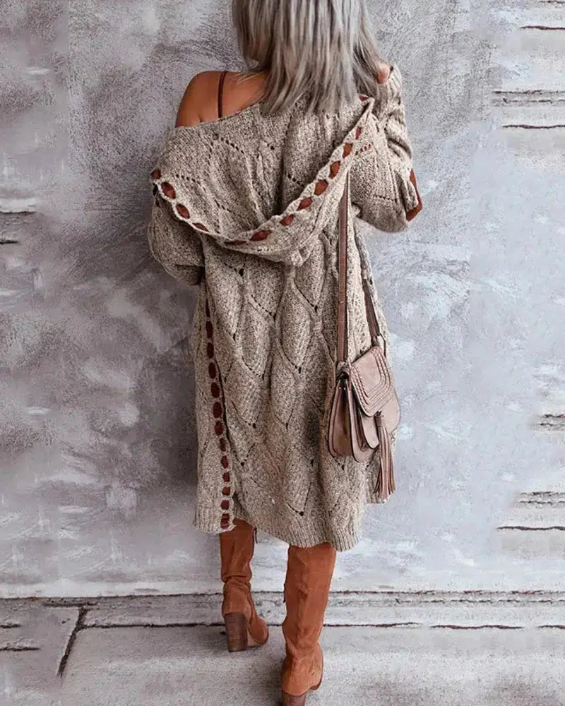 Hoodie Khaki Diamond Elbow Patch Long Cardigan Sweater