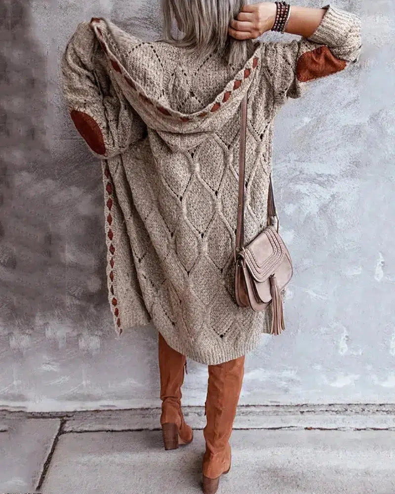 Hoodie Khaki Diamond Elbow Patch Long Cardigan Sweater