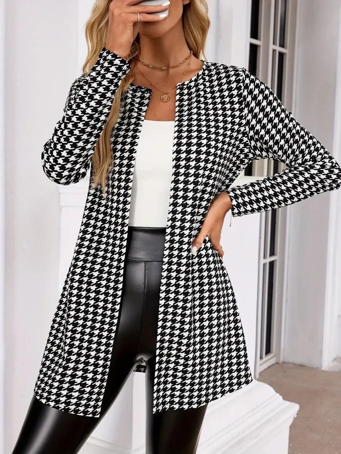 Classy Long Sleeve Houndstooth Outerwear