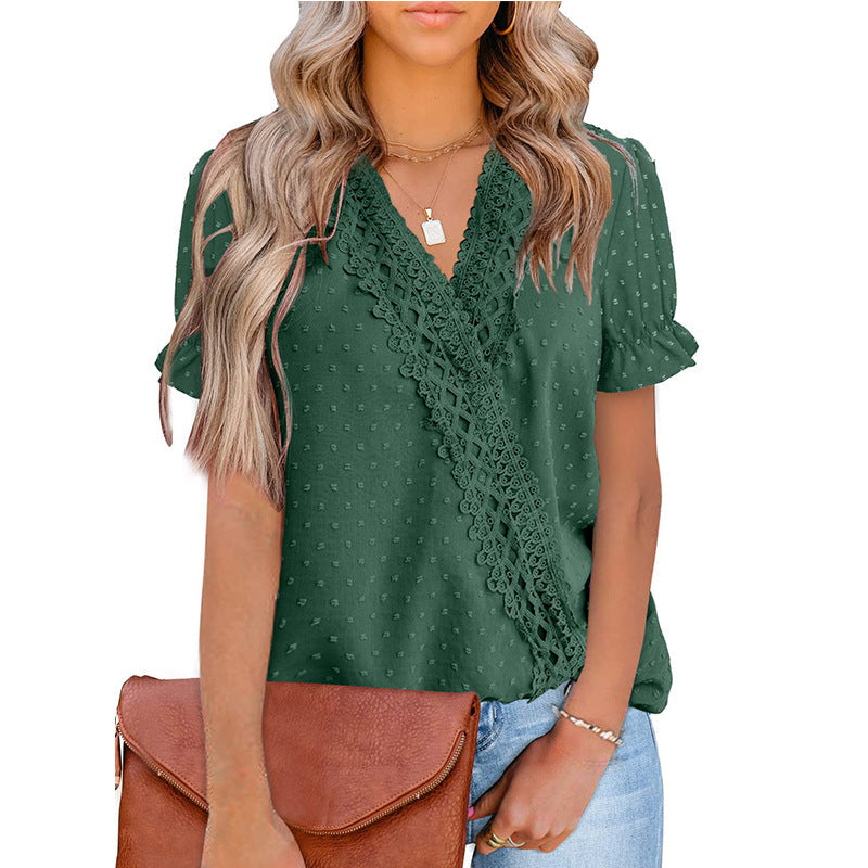 Chiffon Ball Lace V-Neck Short Sleeve Shirt