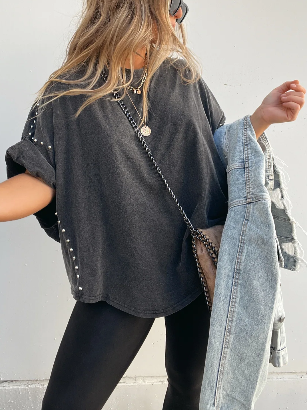 🔥Washed Roll Sleeve Studded Oversized Short Sleeve Top  (Buy 2 Free Shipping)