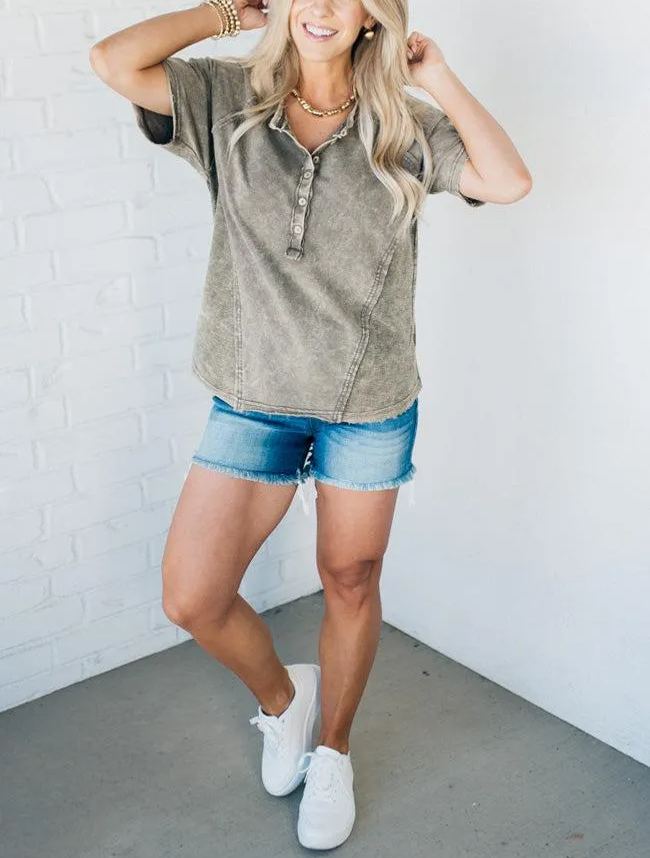 Women's Washed Button T-Shirt (Buy 2 Free Shipping)