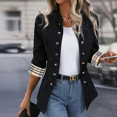 Black Collarless Plaid Print Long Sleeve Outerwear